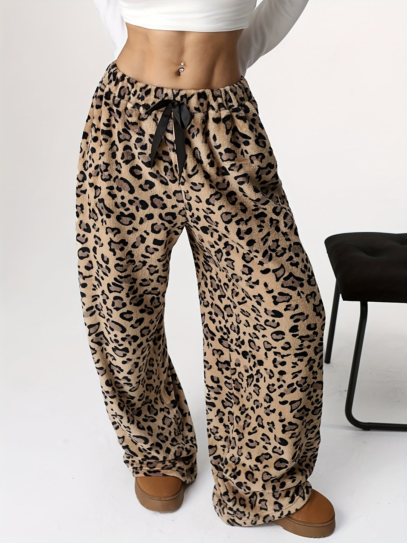 Y2K Elastic Waist Wide Leg Pants - Leopard Pattern Low Waist For Spring & Fall - Women's Clothing
