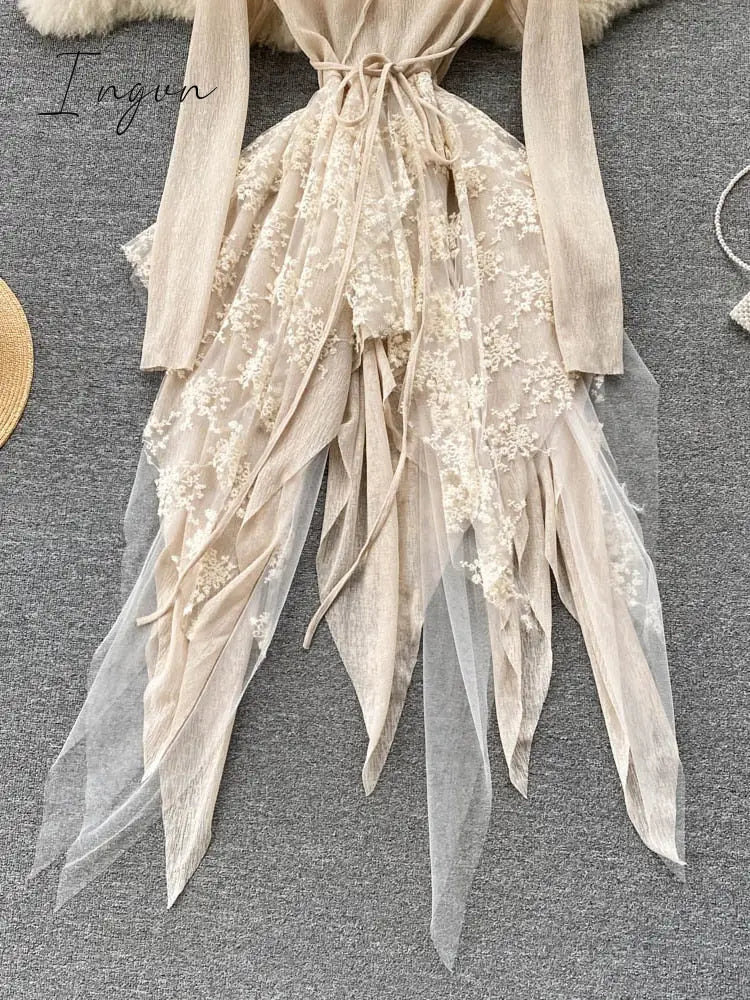 Ingvn - 2023 New Autumn Summer O-neck Lace Up Waist Closing Irregular Vestidos Women Temperament Elegan Party Dress Tide