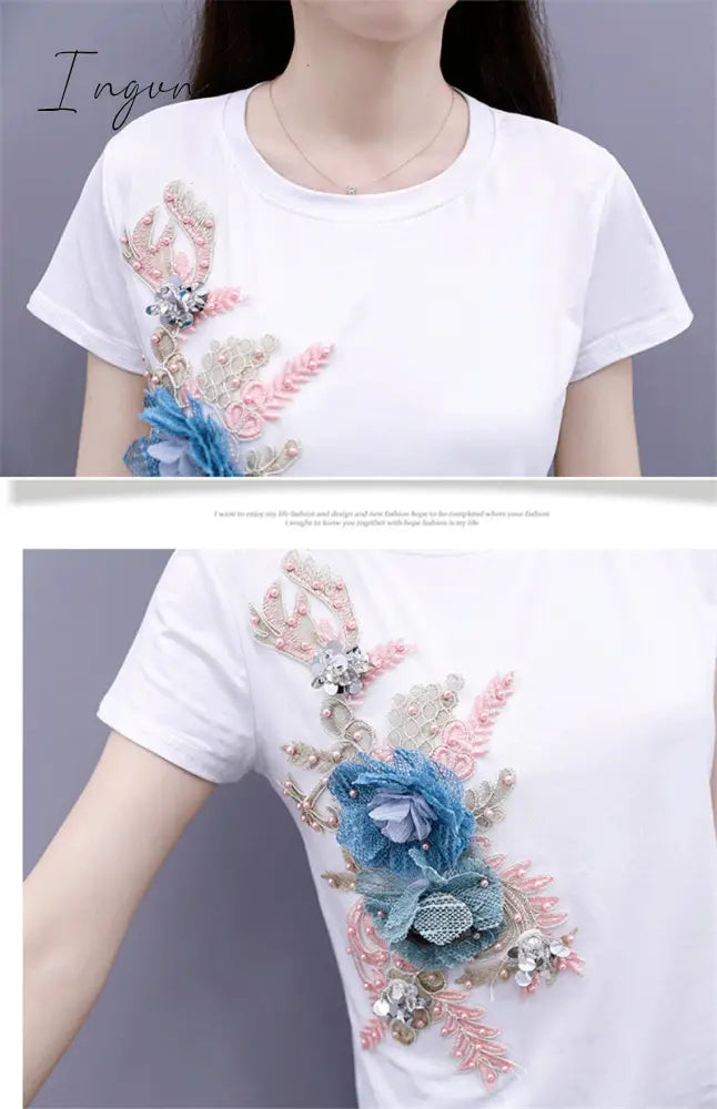 Ingvn - One-Piece/Set Summer New Women Denim Pants Beaded Embroidery Short-Sleeved + Small Feet Hole Jeans Female Two-Piece Suit425