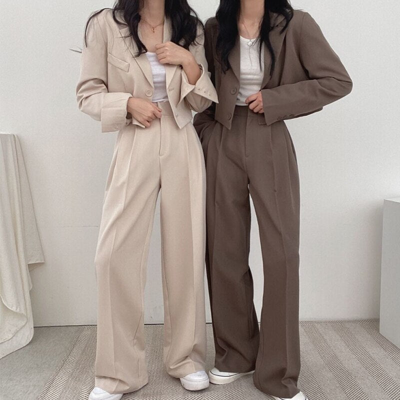 Korean Style Office Lady Blazer Sets Autumn Loose 2 Two Piece Set Women Long Sleeve Short Suit Coat + Straight Suit Pants Suits