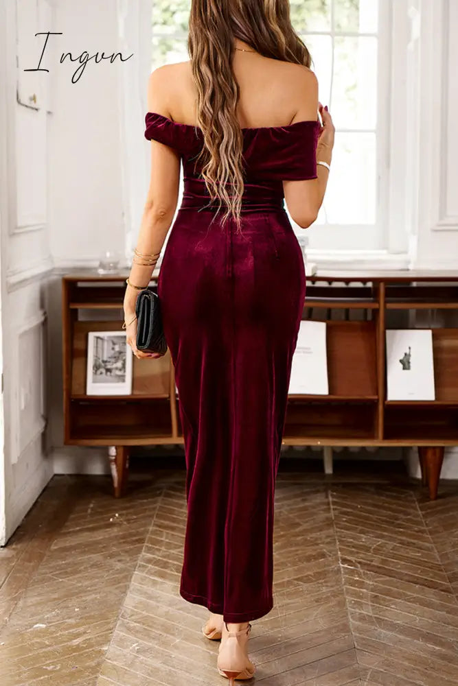 Ingvn - Elegant Solid Fold Off the Shoulder One Step Skirt Dresses