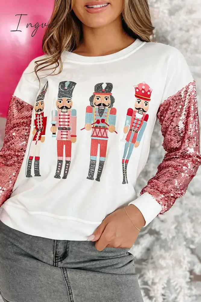 Ingvn - Casual Print Sequins Patchwork O Neck Tops