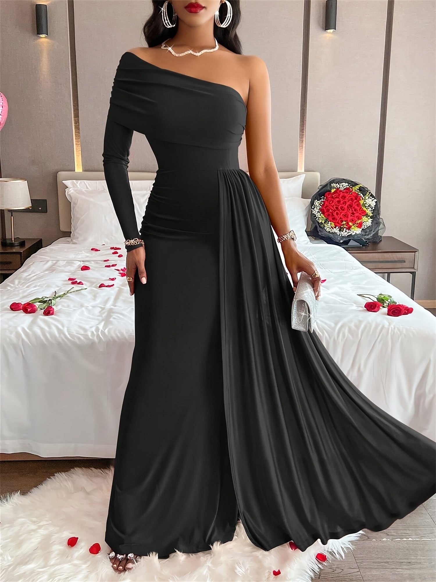 Elegant Oblique-Shoulder Long Sleeve Formal Wedding Guest Dress Maxi Dress