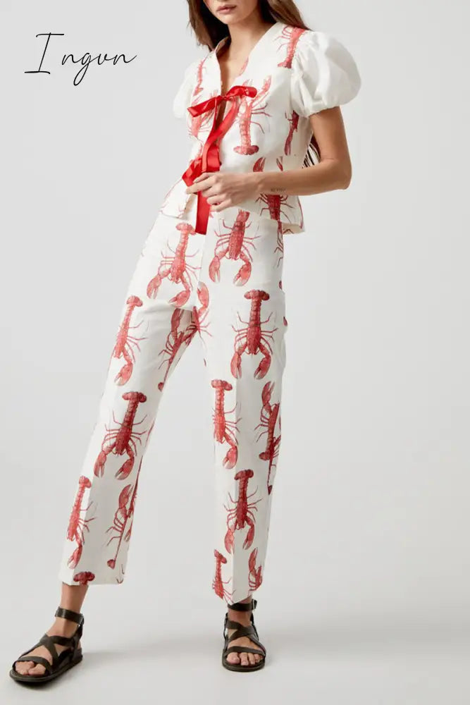 Casual Print Animal Frenulum With Bow V Neck Short Sleeve Two Pieces