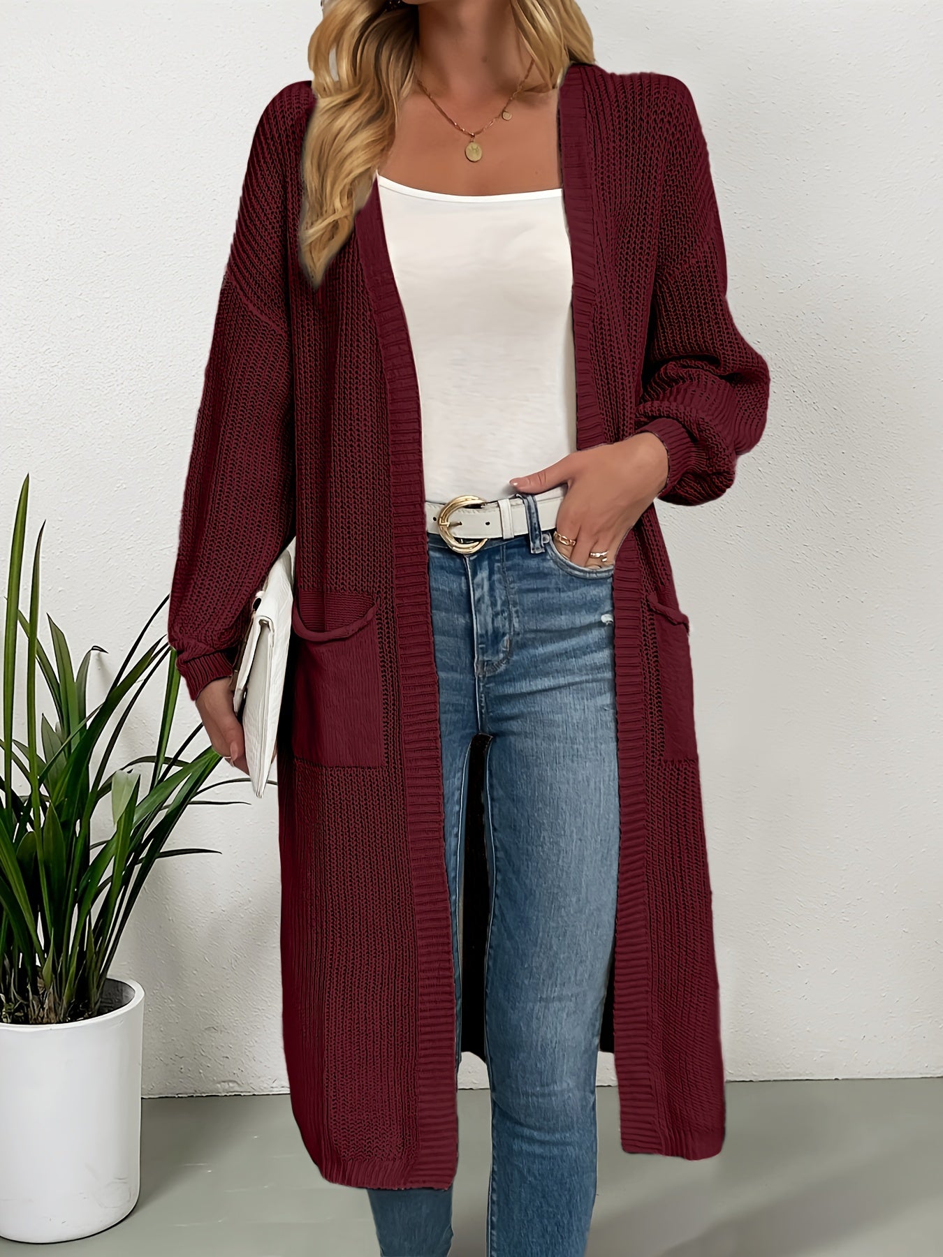 Elegant Warm Knit Cardigan for Women - Solid Color, Long Sleeve & Length, Durable and Cozy for Fall/Winter