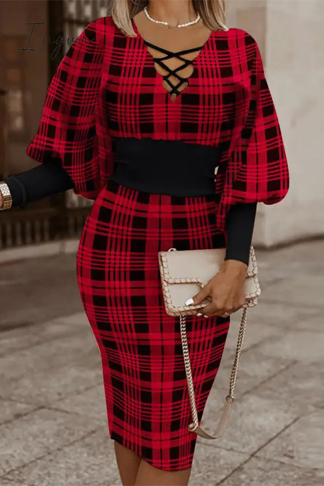 Ingvn - Vintage Elegant Geometric Print Contrast V Neck Wrapped Skirt Dresses