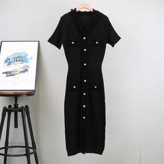 Summer French Style Gentle Style Tassel Knitted Short-sleeved Dress Women's V-neck Solid Color Elegant Slimming Mid-length Dress