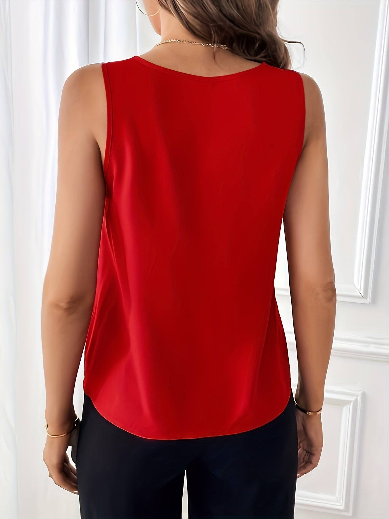 Solid V-neck Button Decor Top, Elegant Sleeveless Top For Summer, Women's Clothing