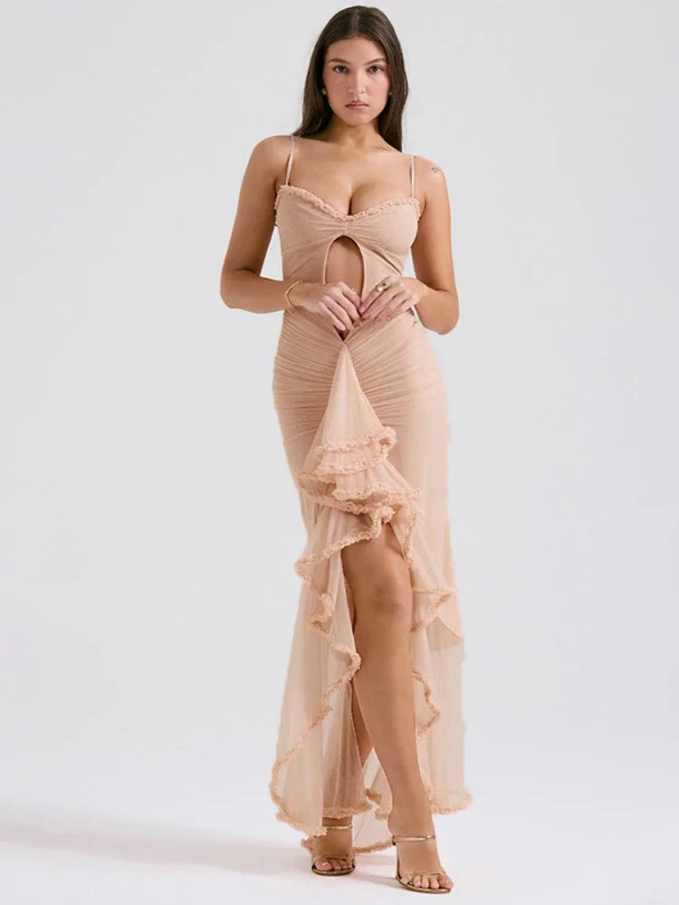 Ingvn  Blue Long Party Dress Summer Sexy Spaghetti Straps Hollow Out Bodycon Dresses Women Ruffles Irregular Evening Wedding Dress