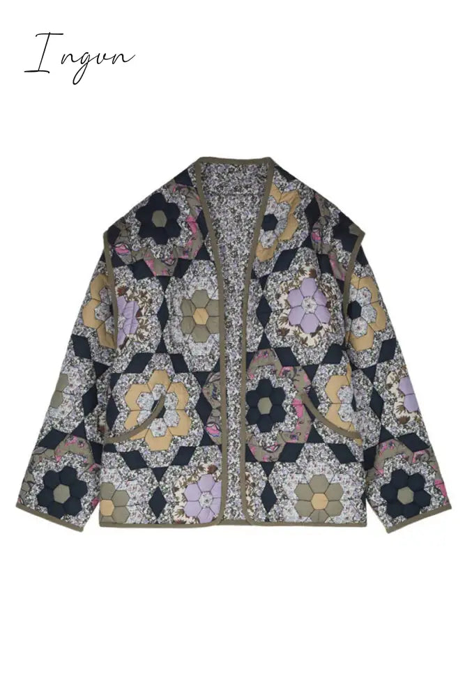 Ingvn - Casual College Floral Pocket Mandarin Collar Outerwear