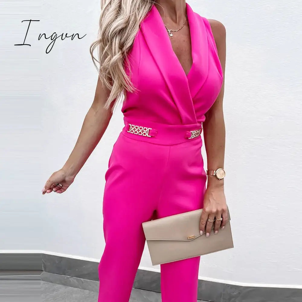 Ingvn - New Solid Casual Women Summer Jumpsuits V-Neck Lace-Up Sleeveless Wide Leg Pants Button Ladies Bodysuits Streetwear