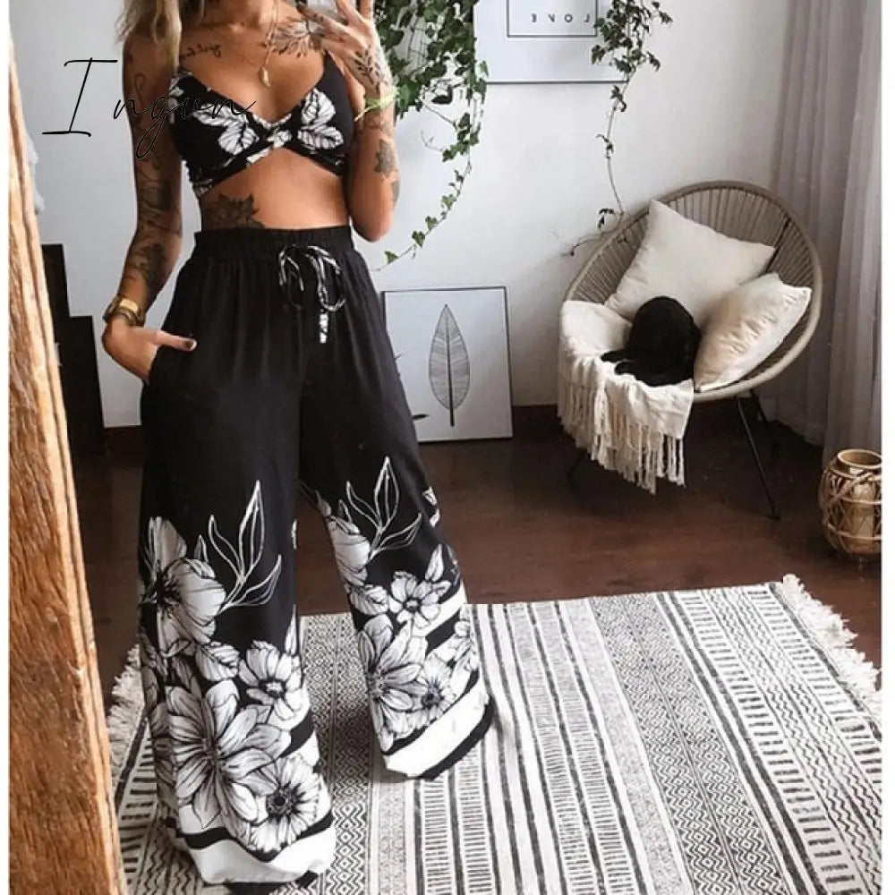 Ingvn - 2 Pecs Suit Summer Tracksuit Sets Womens Outfits Boho Beach Style Print Underwear Loose Wide Leg Pants Ropa Mujer Подходить New