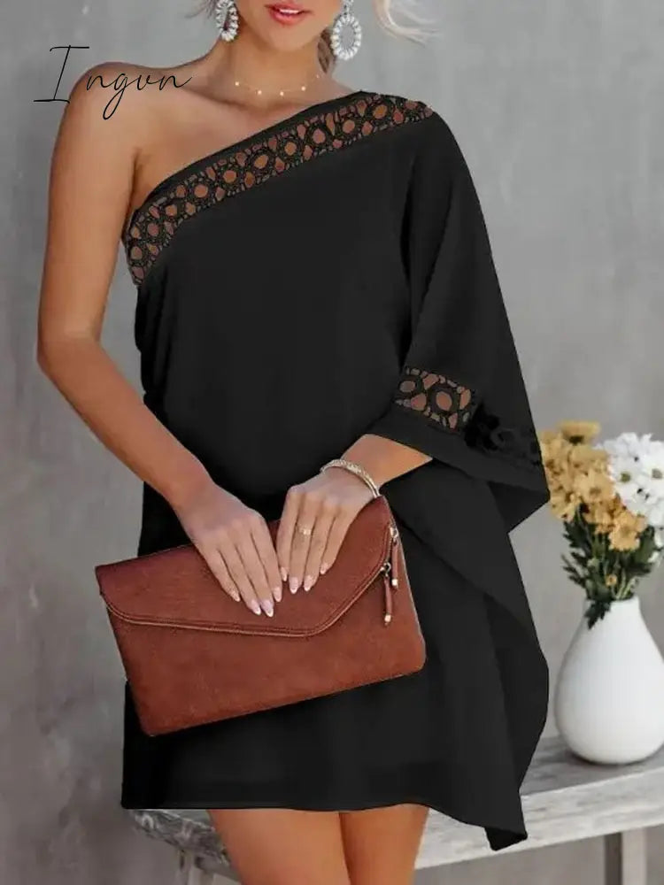 Ingvn - Sexy One-Shoulder Long Sleeve Party Dress Spring Vintage Halter Loose Irregular Dress Elegant Women Print Ruffle Dresses Vestido