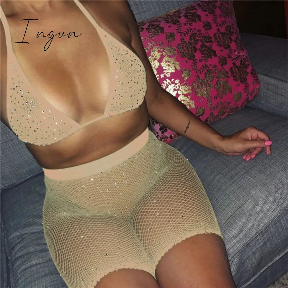 Ingvn - Trends Fishnet Grid See Through Neon Outfits Bandage Low Cut Sexy Backless Crop Top High Waist Skinny Shorts Women Party 2 Piece Sets