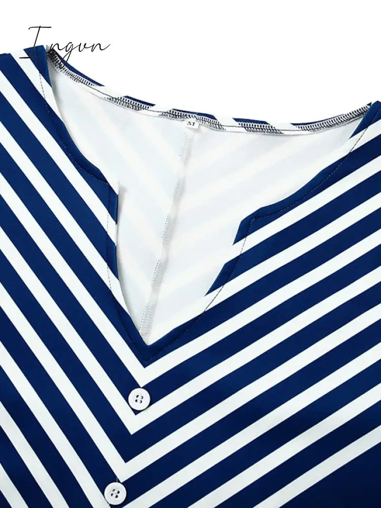 Ingvn - Women's Casual Dress Shift Dress Midi Dress Black and white stripes Green Dark Blue Half Sleeve Color Block Button Summer Spring V Neck Basic Vacation 2023 S M L XL XXL 3XL