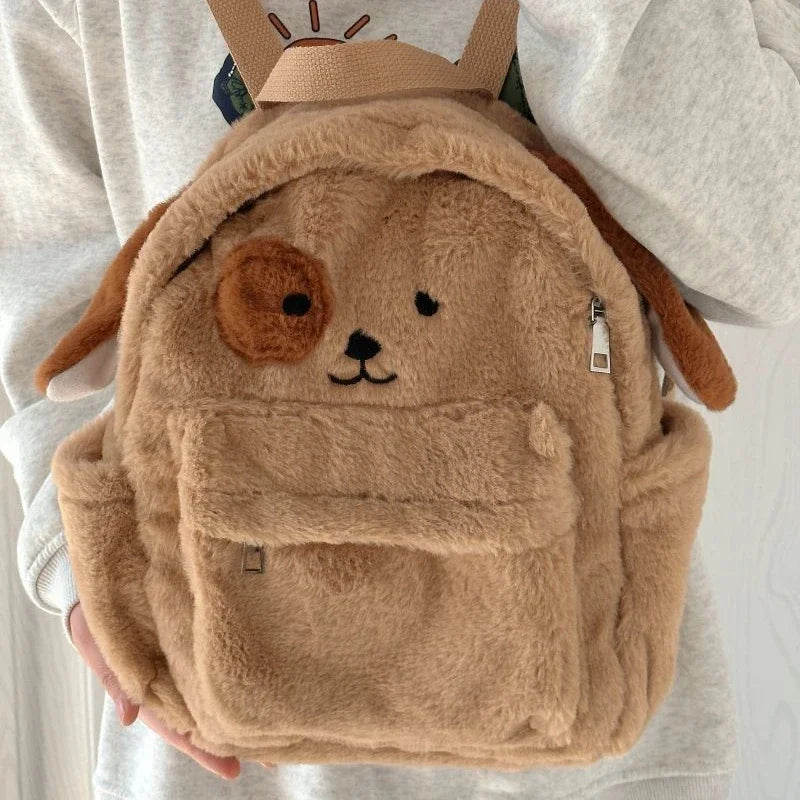 Ingvn  Cute Puppy Womens Backpack Plush Brown Fluffy Cartoon Sweet Kawaii School Backpack Students Casual Daily Fashion New Bag