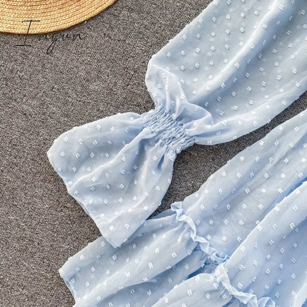 Ingvn - Spring Outfits Sexy ruffles Summer off shoulder short dress spaghetti strap Party elastic waist dress Women casual beach a-line dress