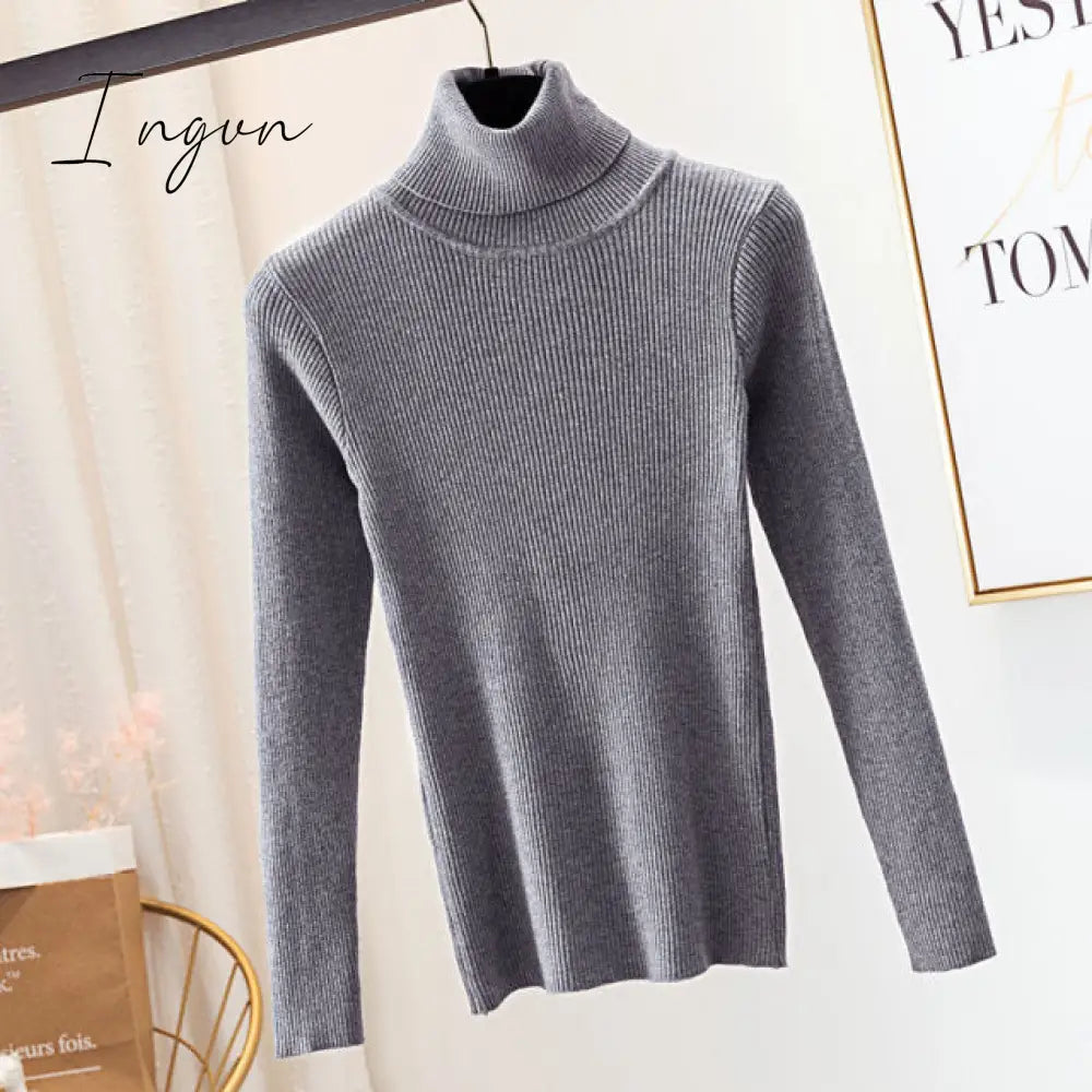 Ingvn - Autumn Winter Knitted Sweater Pullovers Turtleneck Sweater for Women Long Sleeve White Black Soft Female Jumper Clothing