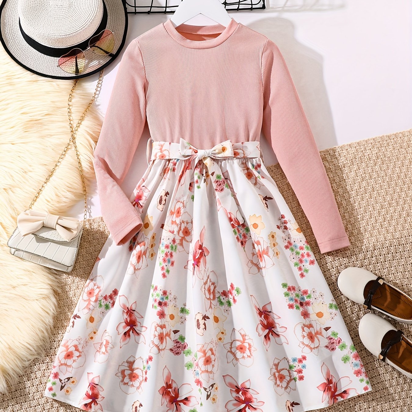 Adorable Floral Belted Dress for Girls - Long Sleeves, Round Neck, Splicing Design, Party-Perfect, Spring Collection, Kids' Clothing