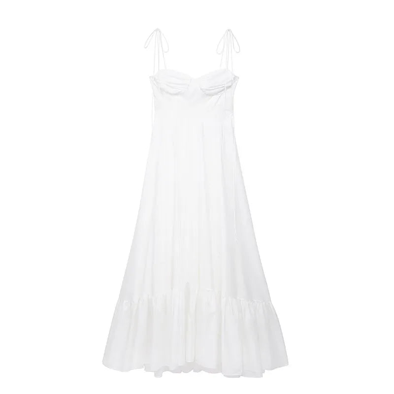 Female Beach Style Dress White Sling Sleeveless Backless Lace-Up Decoration Zipper Summer Fashion Women Long Dresses