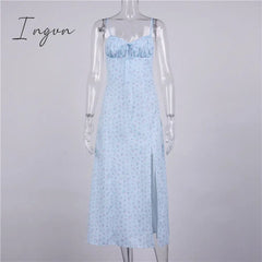Ingvn - Wine Floral Dress Women Prairie Chic Spaghetti Straps Backless Chest Draped Lace Up Side Split Sexy Long Dresses