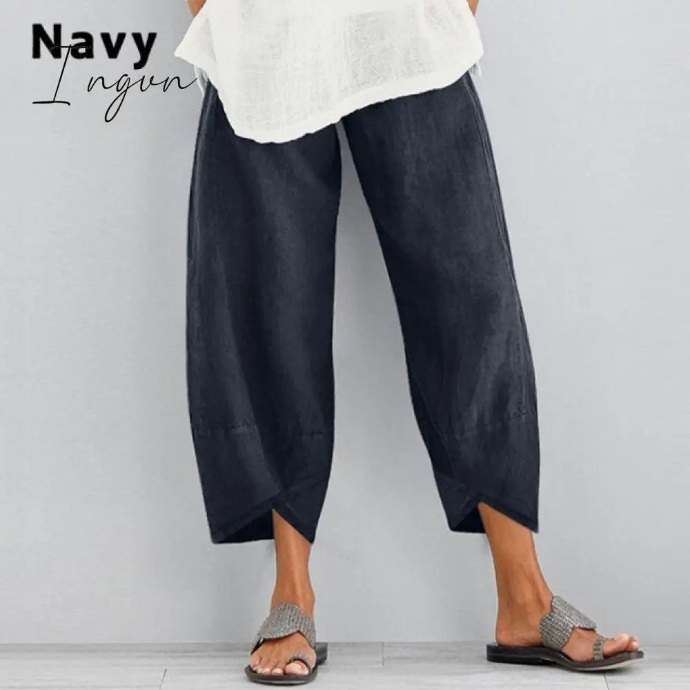 Ingvn - Vintage Harem Pants Women Casual Loose Printed Elastic Waist Cotton Linen Wide Leg Pants Summer Irregular Pantalon Cropped Pants