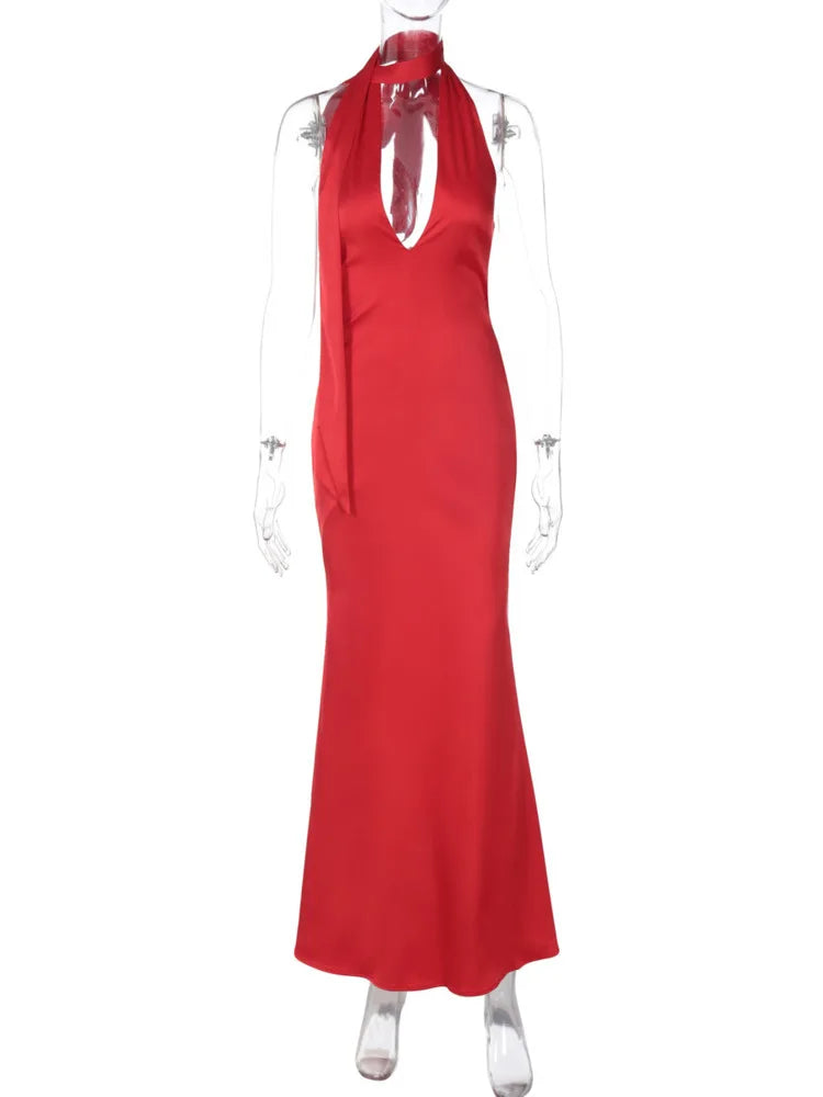 Halter Backless Sexy Maxi Dress For Women Gown Fashion Solid Deep V Neck Sleeveless Bodycon Club Long Dress Elegant