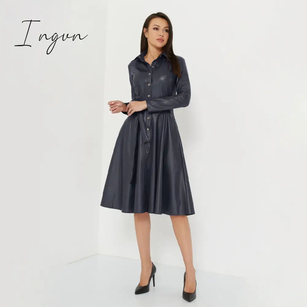 Ingvn - Winter Casual Sashes Pu Leather A-Line Dresses Women Turn-down Collar Long Sleeve Solid Color Knee Dress Office Lady Wear