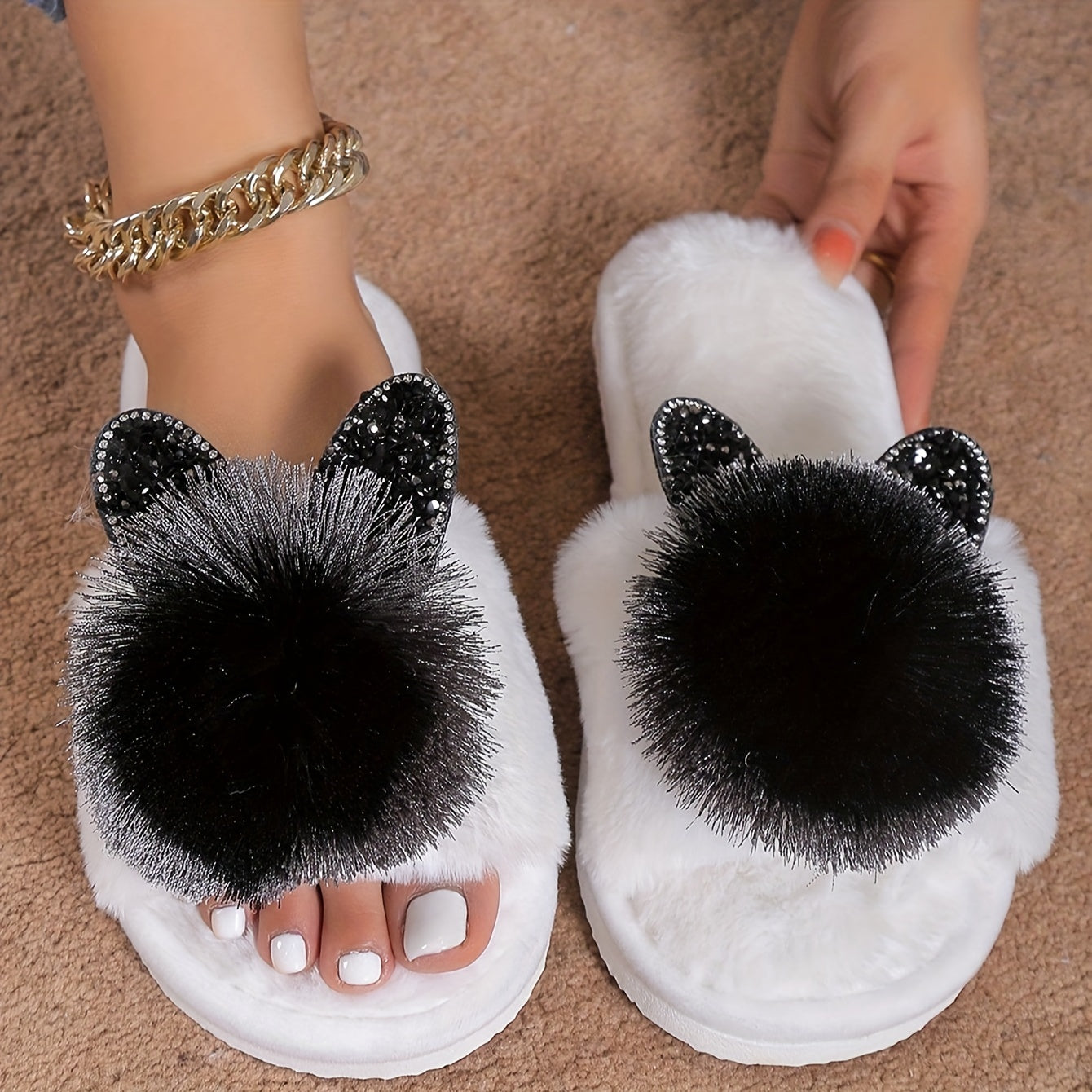 Cute Pom-pom Cat House Slippers, Cozy Open Toe Plush Flat Floor Shoes, Winter Warm Home Fuzzy Slippers