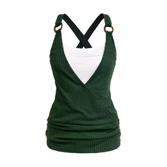 2025 Women's Tops Colorblock Textured Crossover Faux Twinset Tank Top O Ring Strap Ruched Long 2 in 1 Tank Top