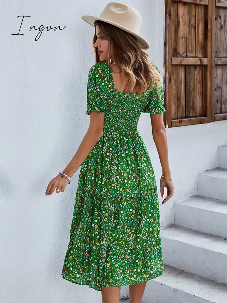 Ingvn - Ladies Sexy Vintage Floral Print Boho Summer Dress Women Casual Elastic Bohemian Beach Dress Women Sundress Robe Vestidos Female