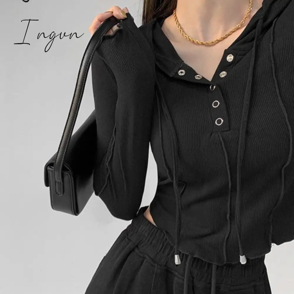 Ingvn - Crop Tops 2023 Fashion T-shirts for Women Hooded Sweatshirt Long Sleeve Tees Y2k Clothes Korean Casual Woman Tshirts Ropa Mujer