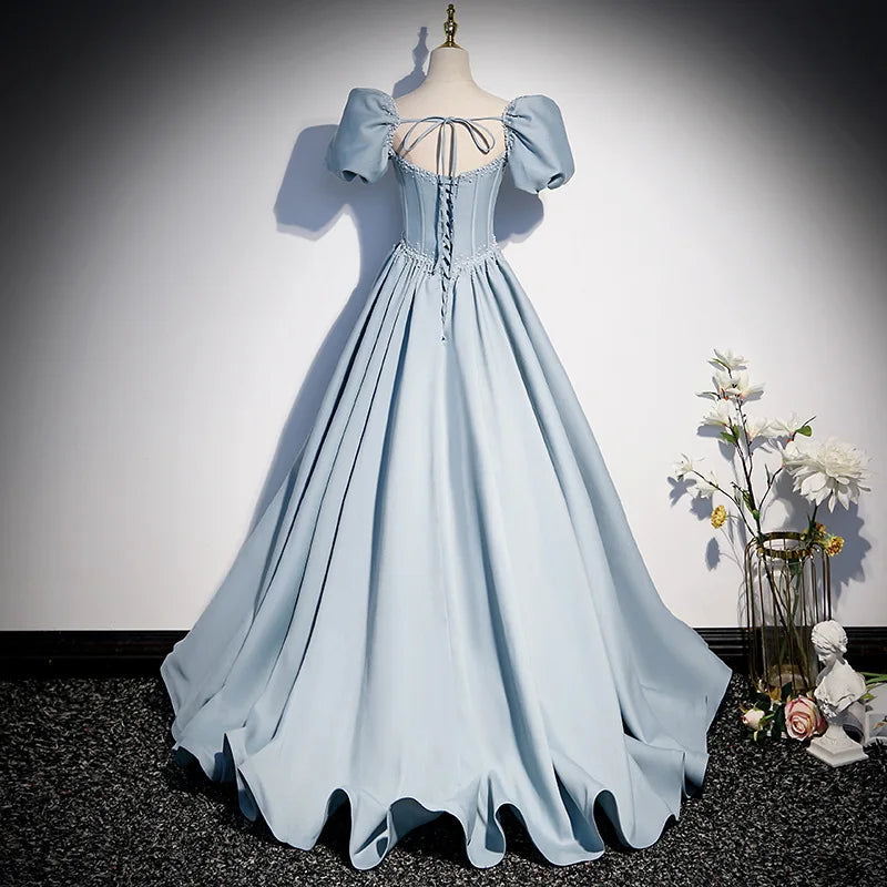 New light blue sweet long floor length lady girl women princess banquet party ball prom performance dress gown
