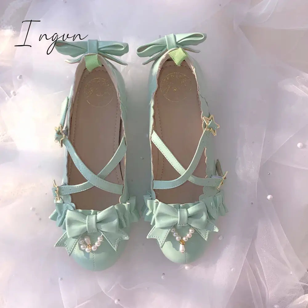 Ingvn - Sweet Lolita Shoes Vintage Round Head Middle Heel 3-5cm Women Shoes Cute Bowknot Cross Bandage Kawaii Shoes Loli  Kawaii Girl