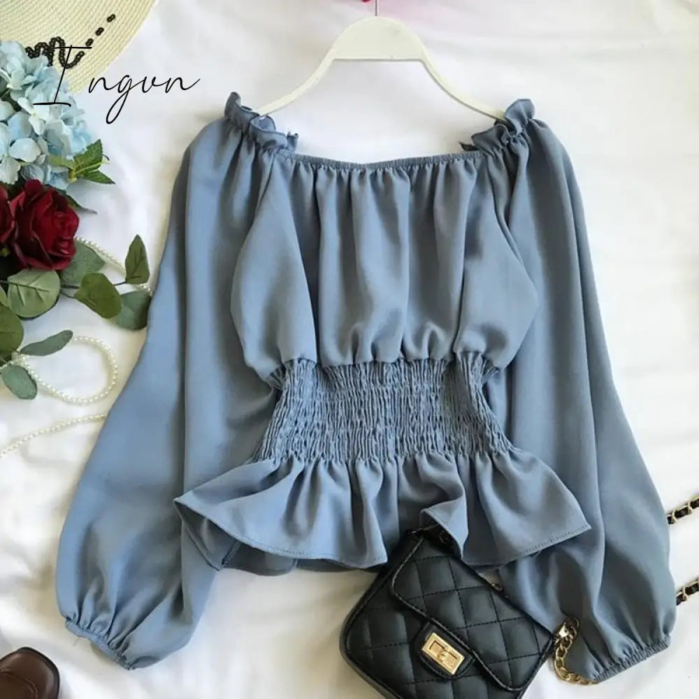 Ingvn - Youth Elegant Blouse Women Chiffon Fashion Blouse Off Shoulder White Shirt Ruffle Puff Sleeve Top Office wear