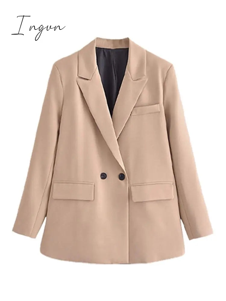 Ingvn - Women Fashion Solid Double Breasted Blazers Female Elegant Long Sleeves Loose Jacket Coats Office Ladies Outerwear Top