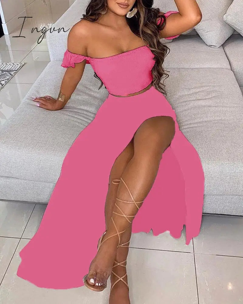 Ingvn - Off Shoulder Women Two Piece Set Sexy Slash Neck Top and Slit Summer Long Party Dress Suits Spring Floral Print Skirts Sets