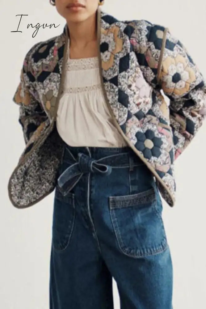 Ingvn - Casual College Floral Pocket Mandarin Collar Outerwear