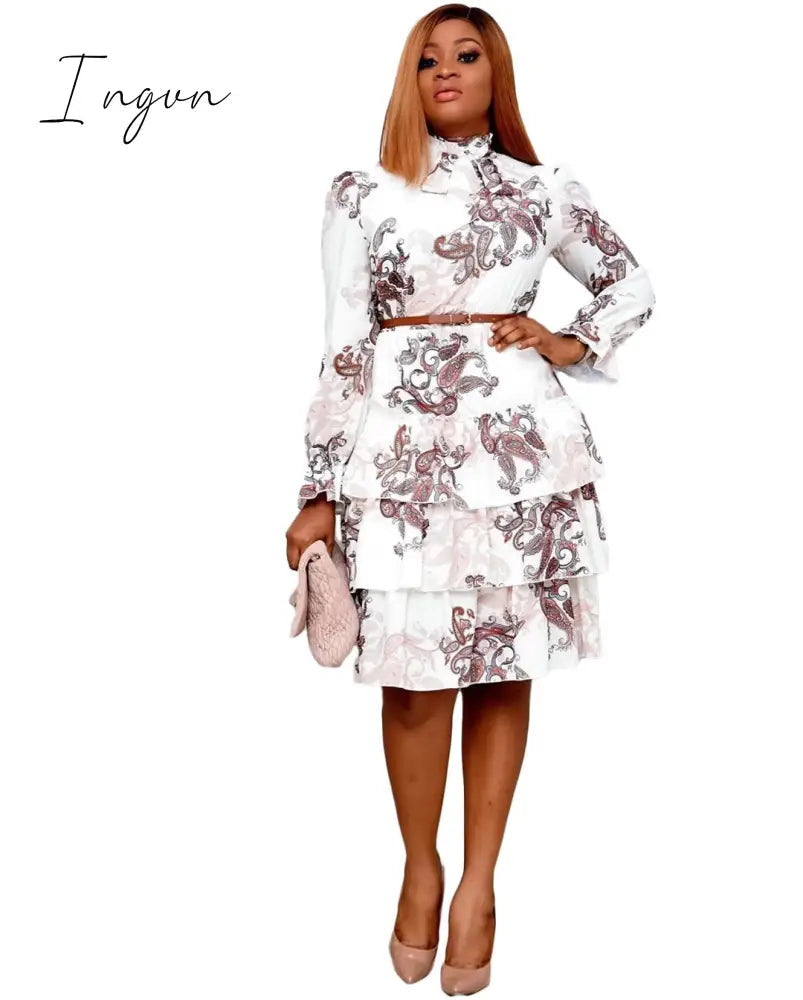 Ingvn - Women Printed Dresses Long Sleeves Bowtie Cake Dress Female Ruffles Pleated Africn Fashion Lovely Date Sweet Vestidos Plus Size