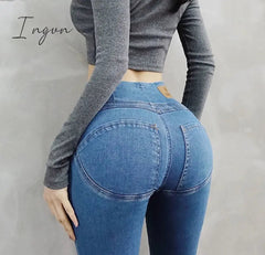 Ingvn - Spring and autumn European and American peach buttocks zipper buttocks all-match jeans net red ins stretch thin skinny feet pants women