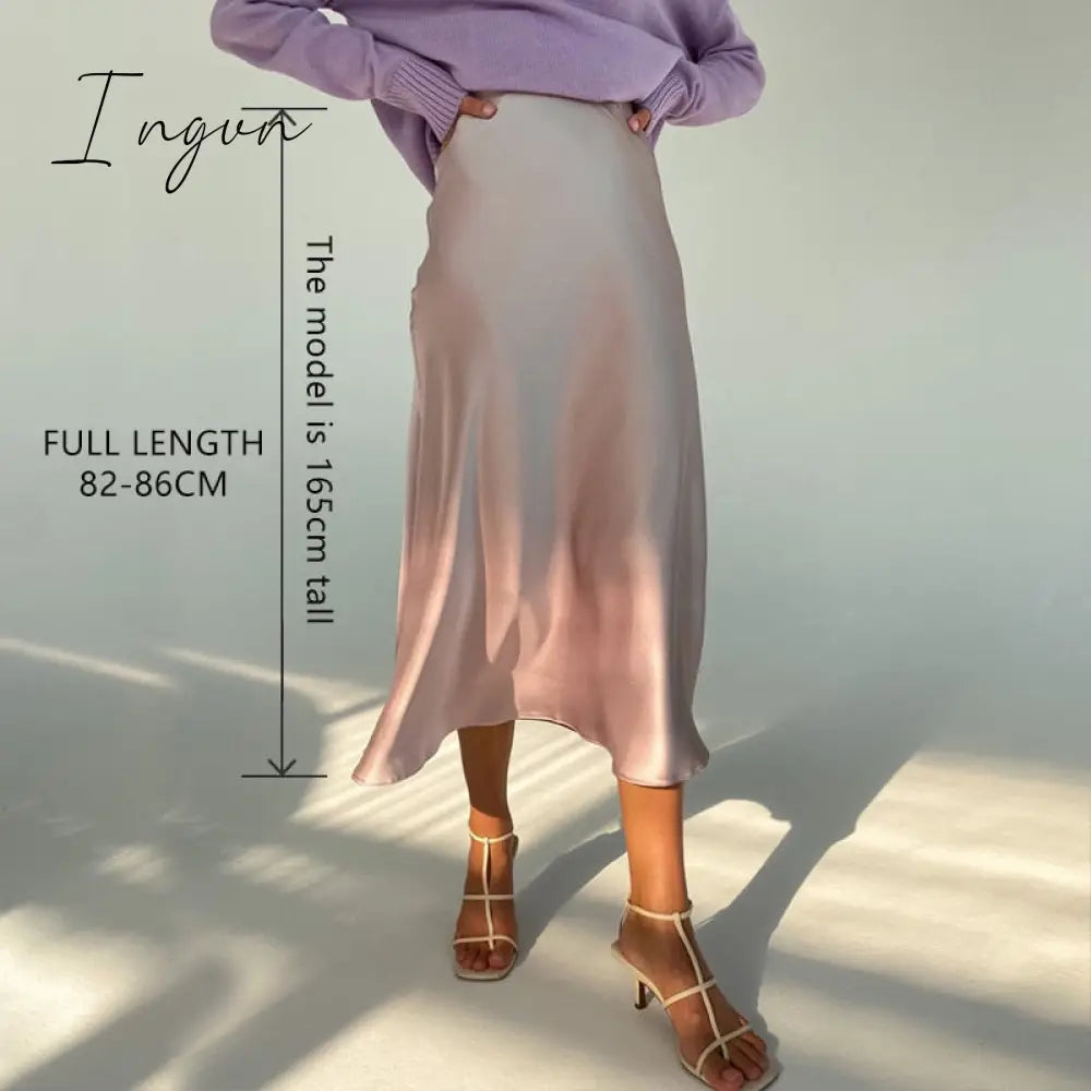 Ingvn - Women High Waisted Skirt  Silk Satin Skirts  A-Line Elegant Skirts Summer Pink Midi Skirt New Korean Style  pencil skirt 2023