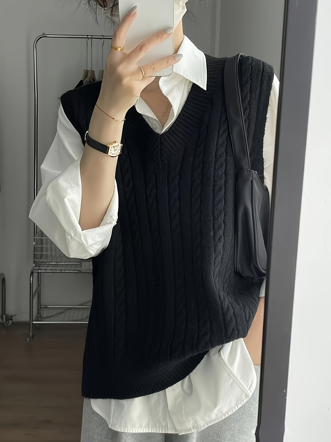Solid V Neck Cable Knit Vest - Women's Casual Clothing - Sleeveless Loose Fit Versatile Sweater Vest for Everyday Wear, Comfortable and Stylish