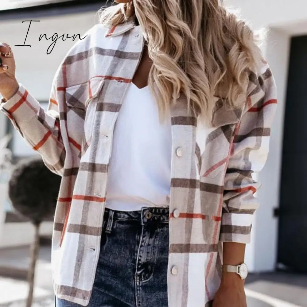 Ingvn - Shirts For Women Plaid Long Sleeve Button Up Shirt Collared Tops And Blouse Autumn Spring Fashion Loose Casual Black White