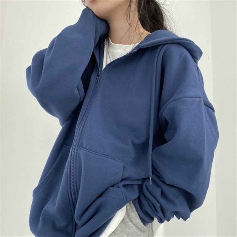 VOGUABLE  Women Hoodies Harajuku Korean Version Zip Up Loose Oversized Sweatshirts Casual Solid Color Long Sleeve Hooded Sweatshirt Coats