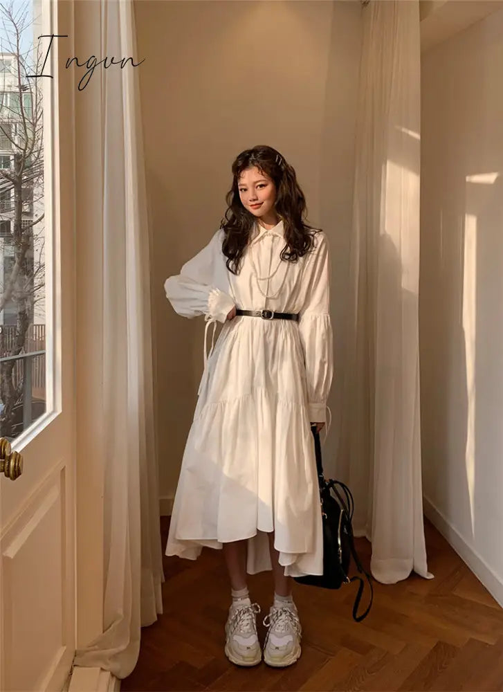 Ingvn - Women Dress Long Sleeve Spring Autumn Vintage Designer Collar Lapel Button Up Ruched Ruffles Cotton White Dresses Female Clothes