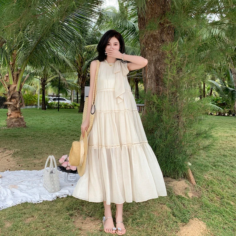 Elegant Chic Striped Chiffon Midi Dresses for Women Summer Beach Sleeveless Openwork Patchwork Bow Loose Casual Female Clothing