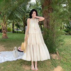 Elegant Chic Striped Chiffon Midi Dresses for Women Summer Beach Sleeveless Openwork Patchwork Bow Loose Casual Female Clothing