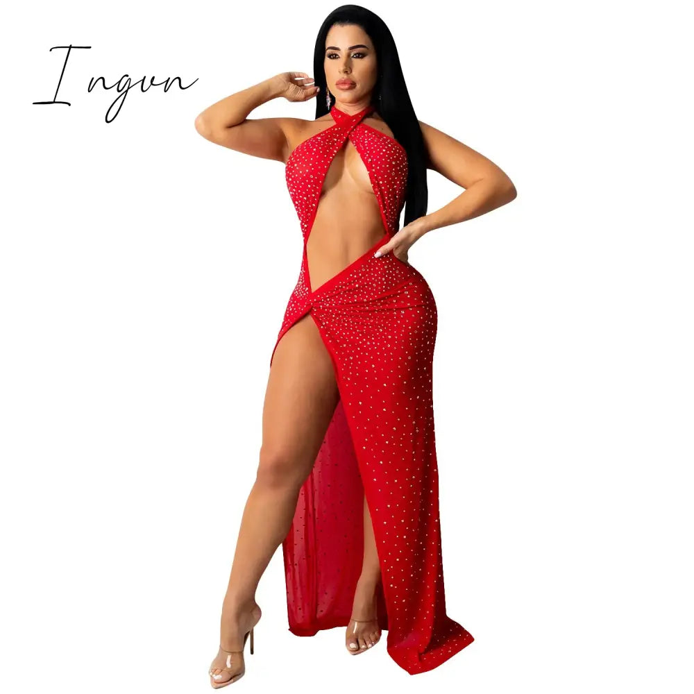 Ingvn - Sheer Mesh Diamonds Sequined Pearls High Split Long Dress For Women Straps Bodycon Long Vestidos Night Party Rhinestone Outfits