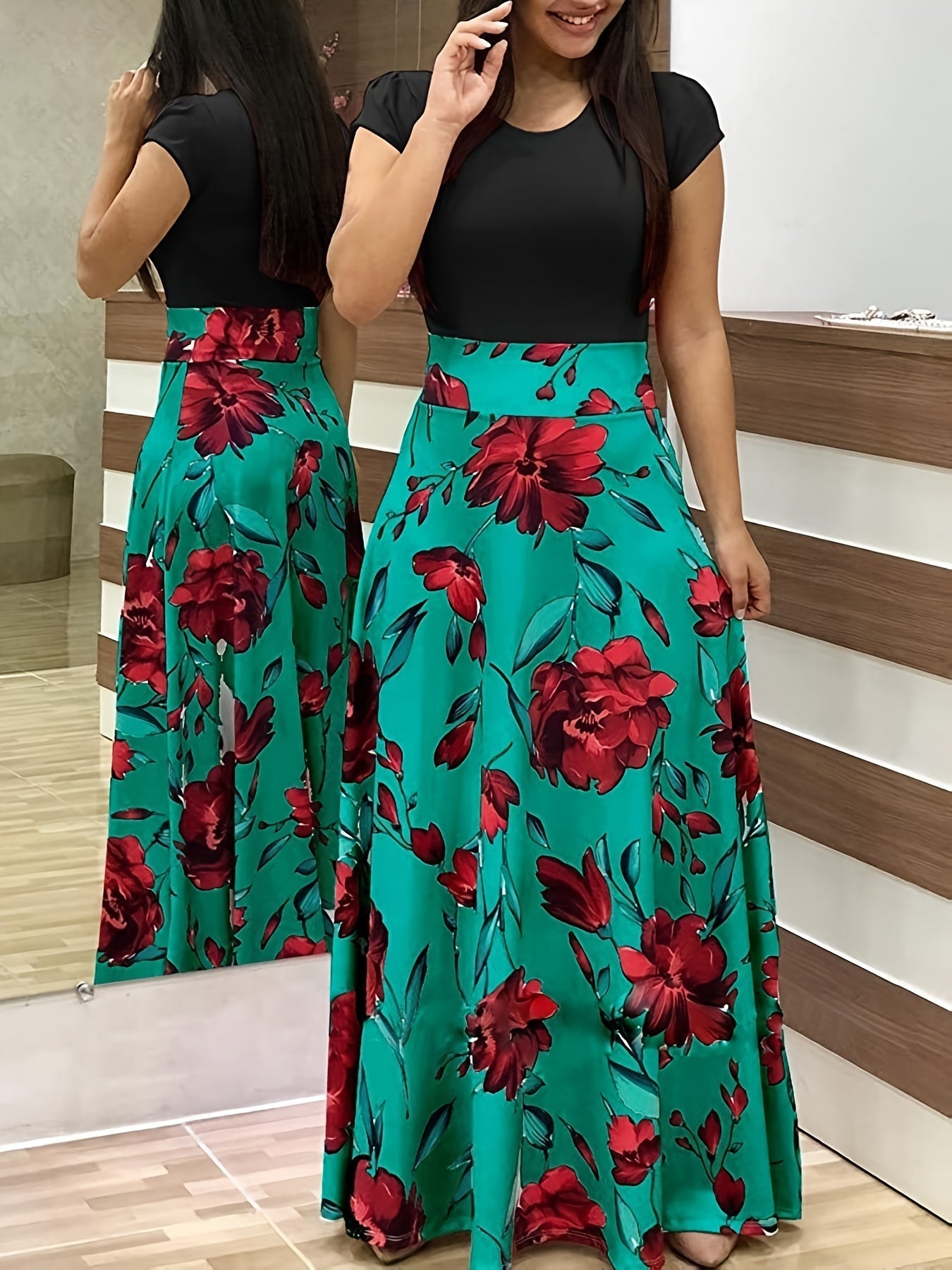 Floral Printed Crew Neck Pendulum Maxi Dress - Elegant Short Sleeve Slim Waist Pleated Design, Micro Elastic Polyester Knit Fabric, Random Printing for Womens All-Season Elegant Dressing