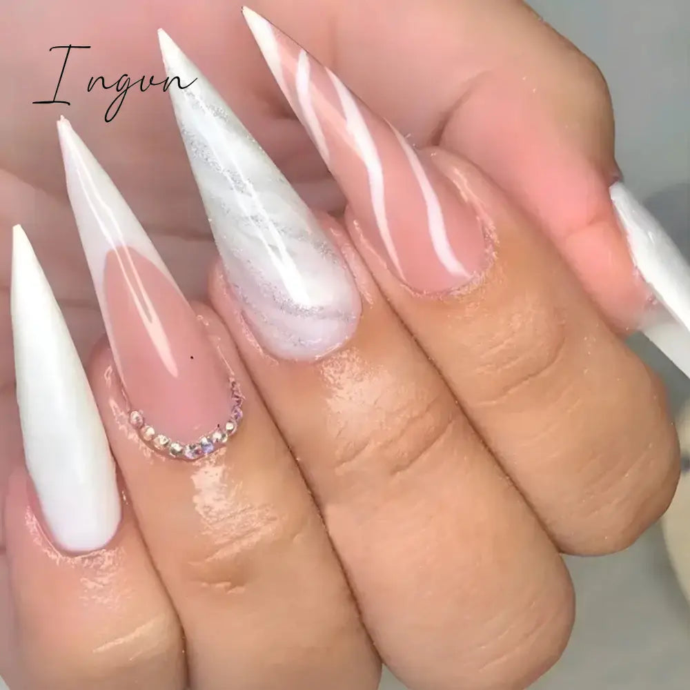 24Pcs False Nails With Glue Almond Pink Butterfly Design Detachable Rhinestones Acrylic Fake Nails long stiletto Press On Nails
